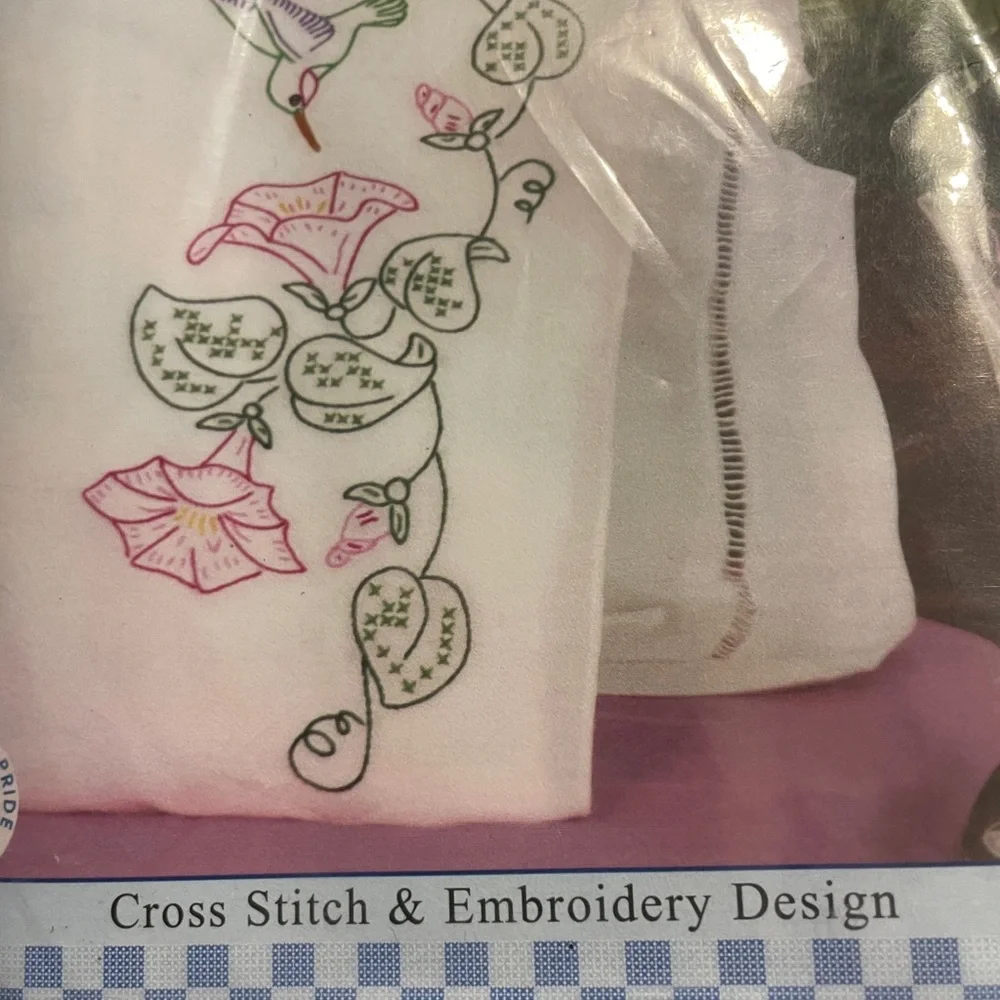 Stamped Pillowcases Cross Stitch Kit Embroidery 2 Pack Hummingbird Morning Glory